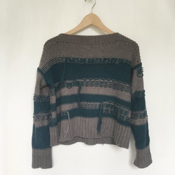 Margaret O'Leary Cropped Striped Blue & Gray Fringe Distressed Boatneck Sweater - Picture 2 of 6